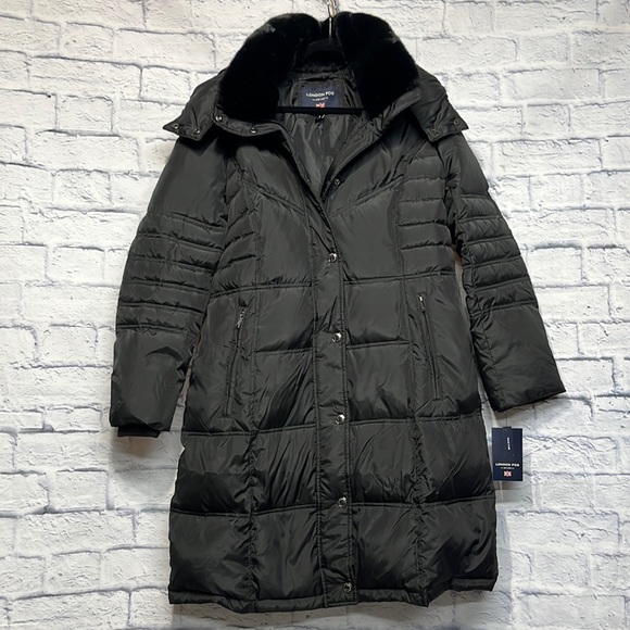 NWT-LONDON FOG Women's Chevron Coat with Faux Fur Trimmed Hood - Picture 4 of 8